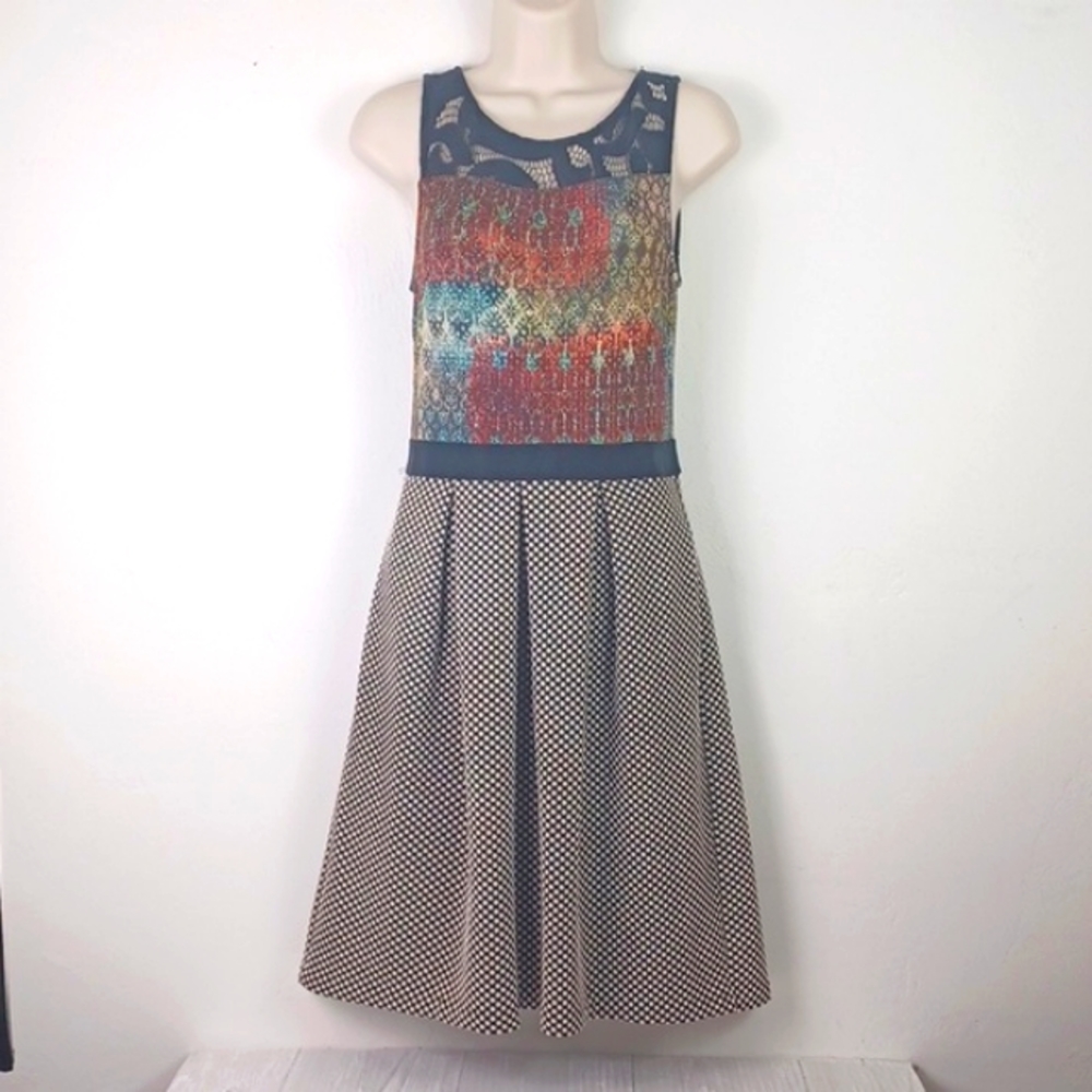 Vintage Weston Multitextile Lace Color & Polka Dots Swing Skirt Sleeveless Dress